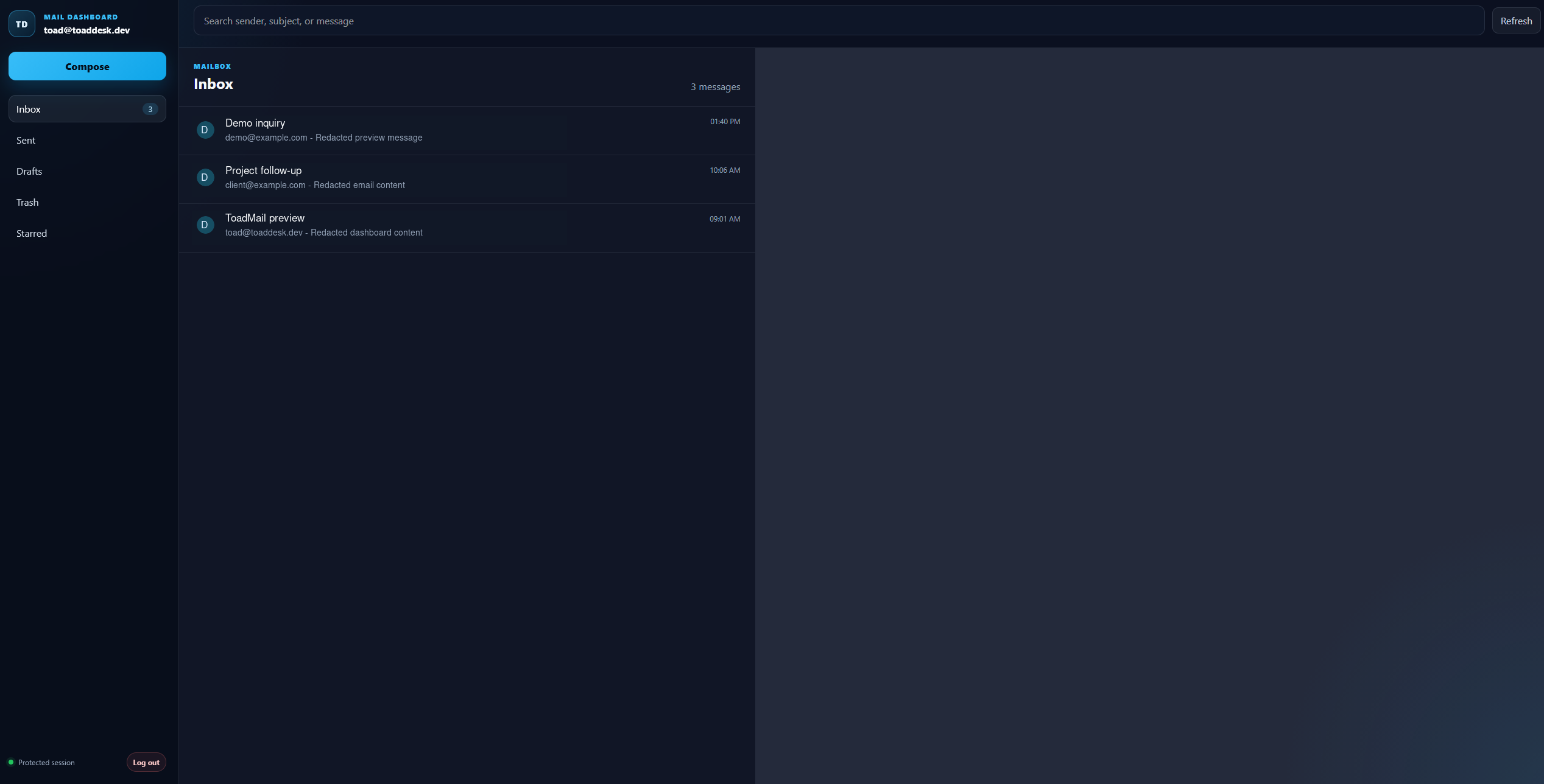 ToadMail redacted mail dashboard